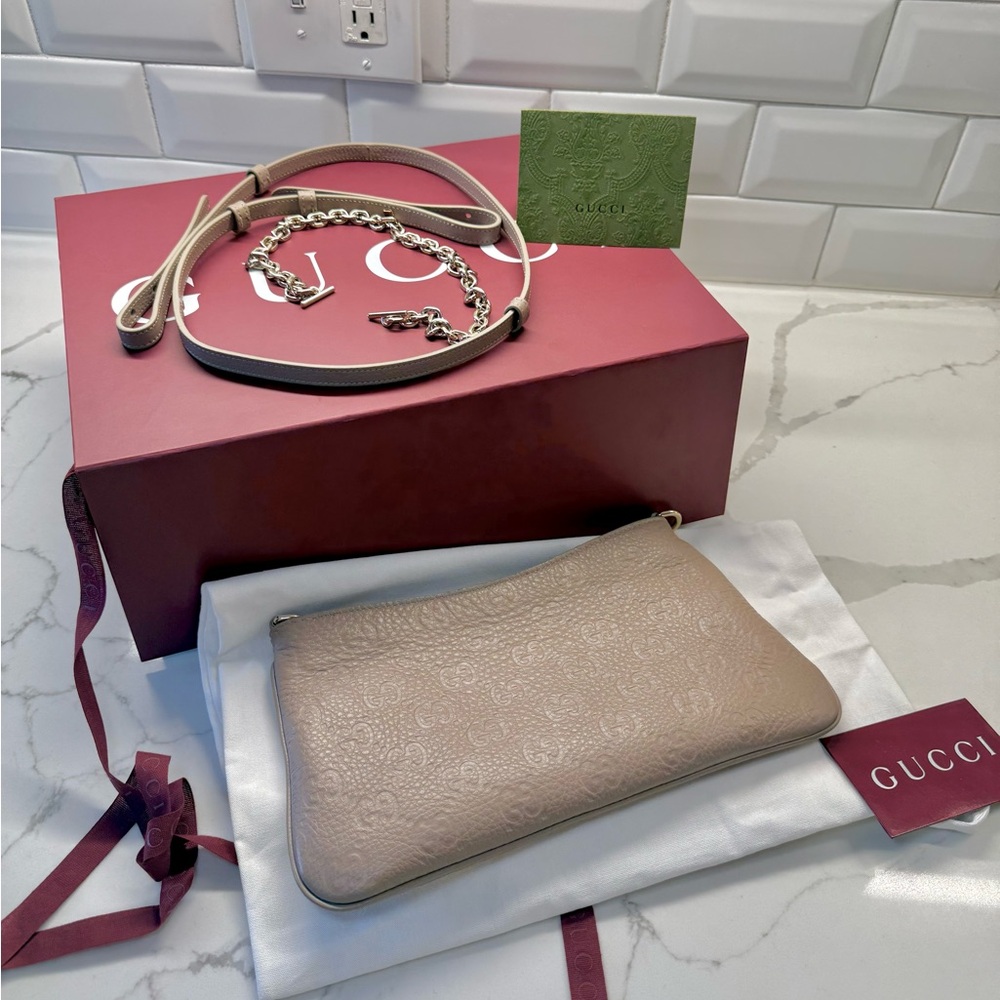 Gucci Beige Embossed Leather Crossbody Wristlet